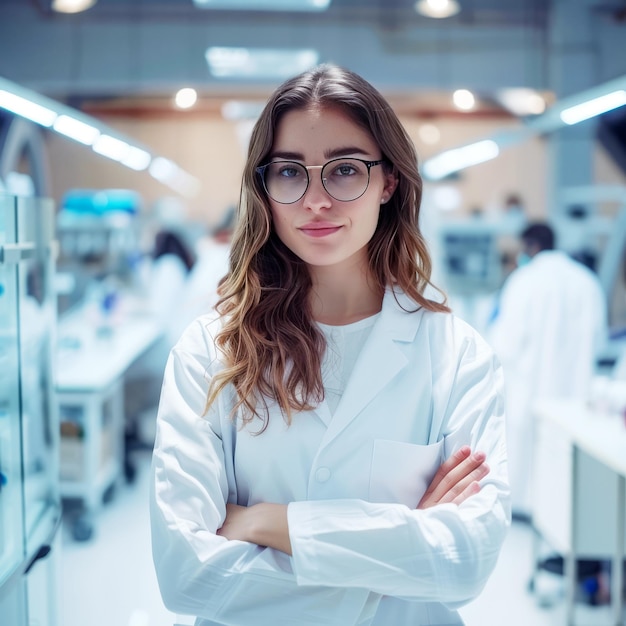 Photo assured young female scientist with folded arms in laboratory representing innovation and research