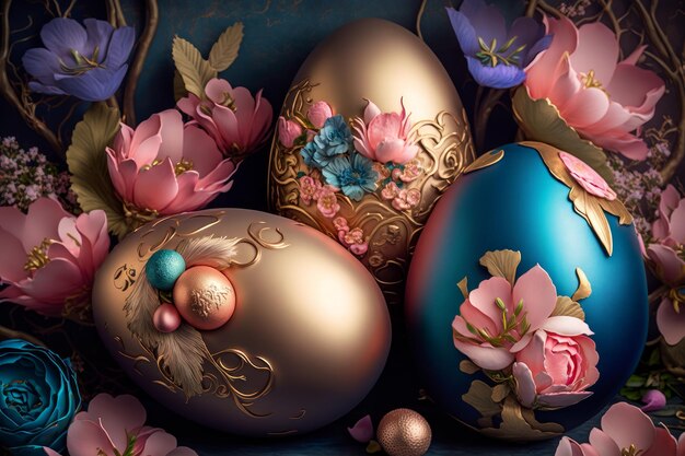 Aster Eggs Decorated Many colorful Easter eggs with flowers Wallpaper banner design Generative AI