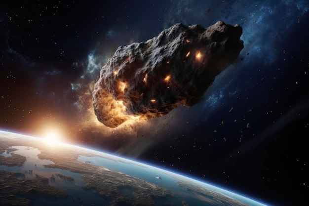 Asteroid approaching earth in space