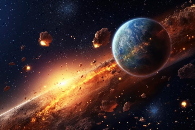 Asteroid belt approaching earth in space