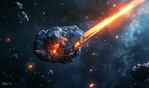 Photo an asteroid burning in space smashed into pieces by another rock