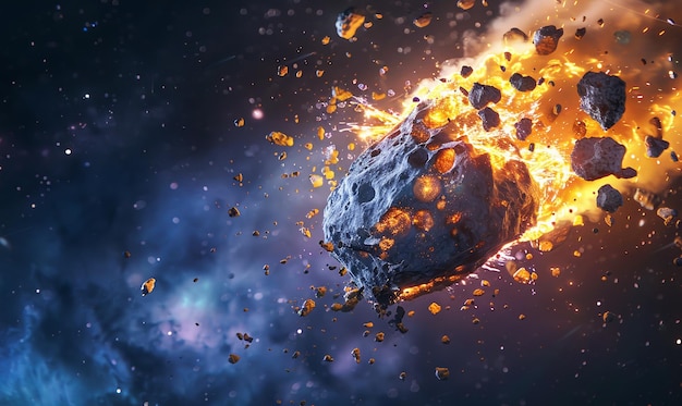 Photo an asteroid burning in space smashed into pieces by another rock