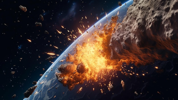 Asteroid collides earth causing explorer impact earth wallpaper image AI generated art