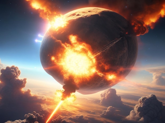 An asteroid engulfed in a massive explosion emitting fiery debris into the vast expanse of space