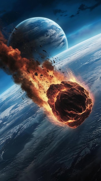 Asteroid falling from the sky towards a planet the asteroid appears to be large fiery surrounded by