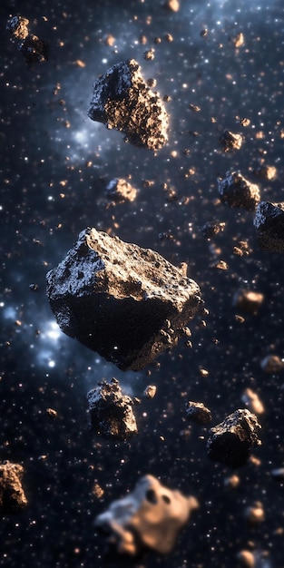 Photo asteroid field flying through space with large metallic rocks