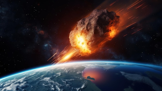 Asteroid impact on Earth causing a collision 3D rendering