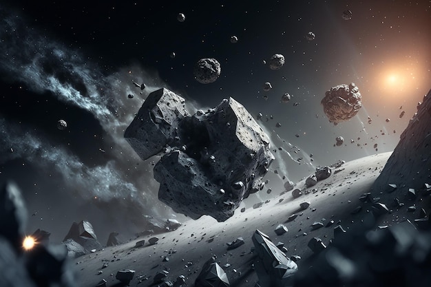 Asteroids in outer space falling asteroids on the planet's surface Cosmic background