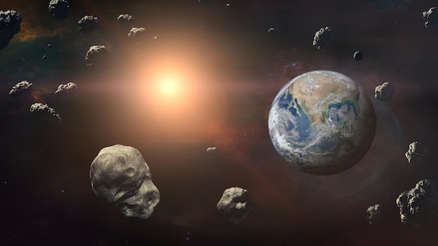 Asteroids with Earth planet in outer space