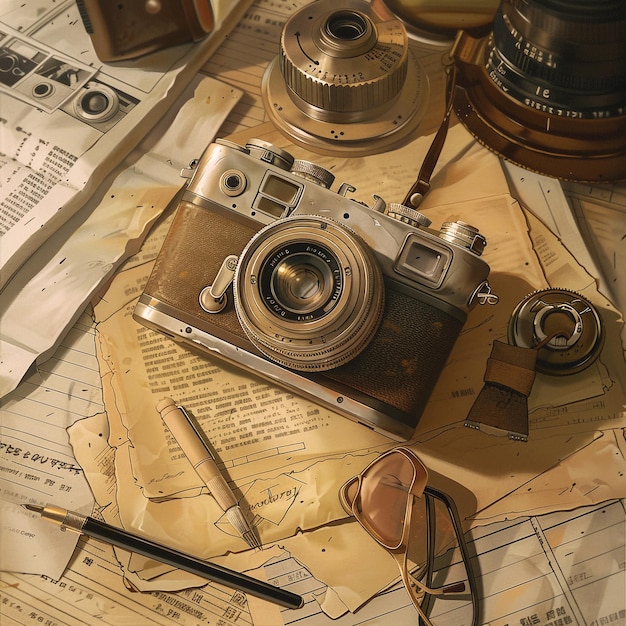 asthetic old brown camera design world photography day camera on an ancient paper