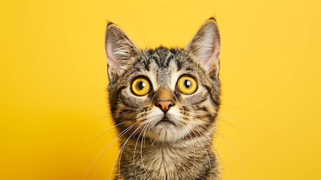 Photo an astonished cat with wide eyes yellow background