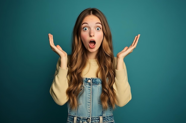 Photo astonished caucasian young woman with amazed stunned expression