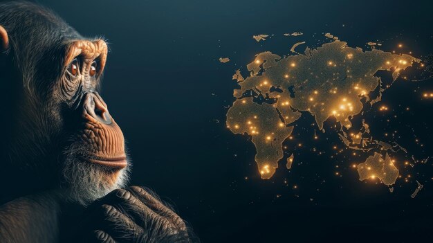 Photo astonished chimpanzee before world map background illustrating global awareness