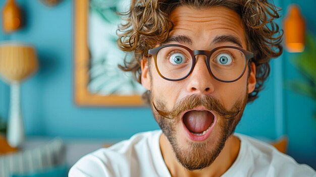 Photo astonished man with wide eyes and open mouth expressing amazement on blue background