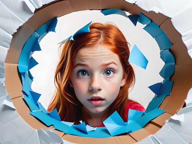 Astonished Redheaded Preteen Girl Gazing Through Blue Ripped Paper Hole Child Protection Day