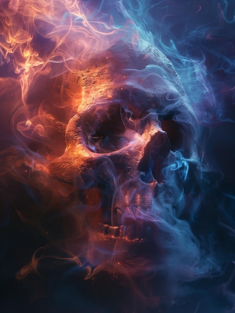 Astonishing digital art of skull bioluminescent smoke fog background