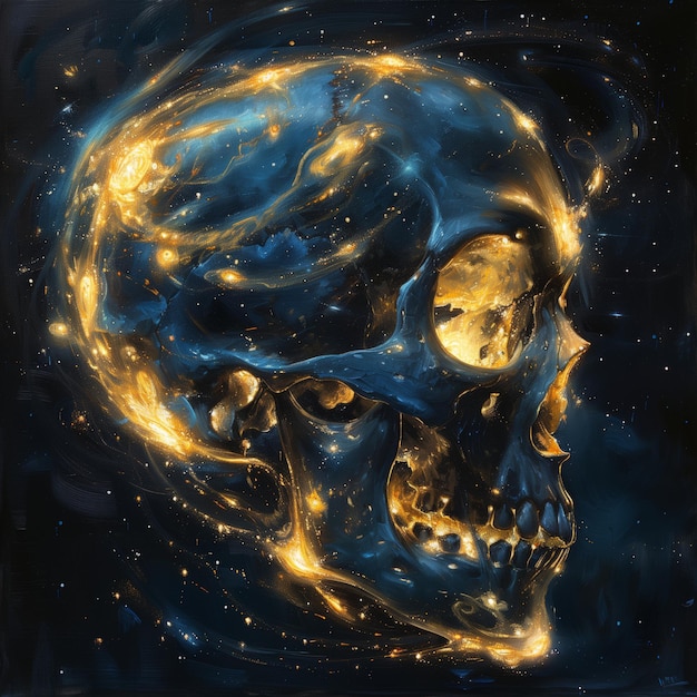 Astonishing digital art of skull bioluminescent smoke fog background