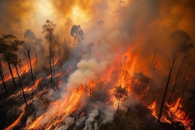 Astonishing ecological calamity represented by an extensive raging forest fire Generative AI