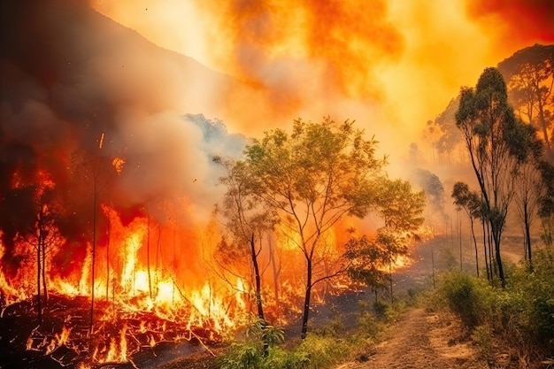 Astonishing ecological calamity represented by an extensive raging forest fire Generative AI