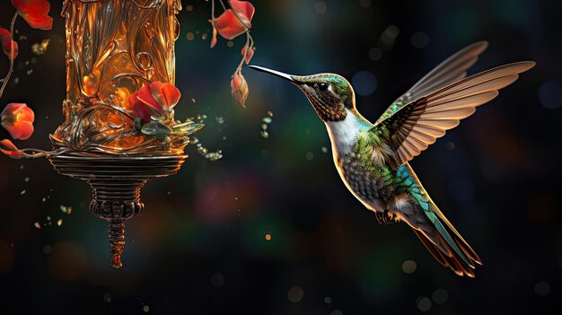 Astonishingly detailed capture of a hummingbird at a feeder