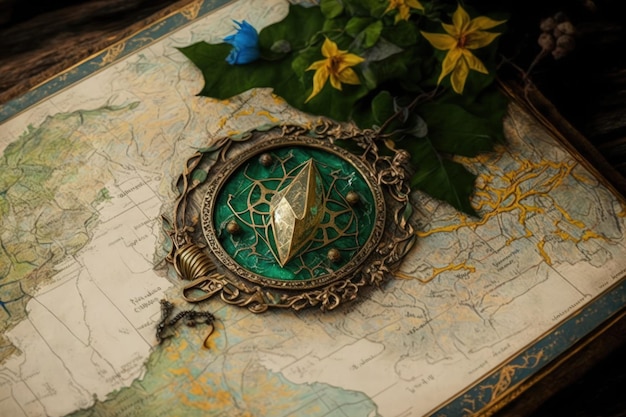 Astrakhan Russia March 1 2022 Middle Earth map with Elven Lorien brooch lying on it