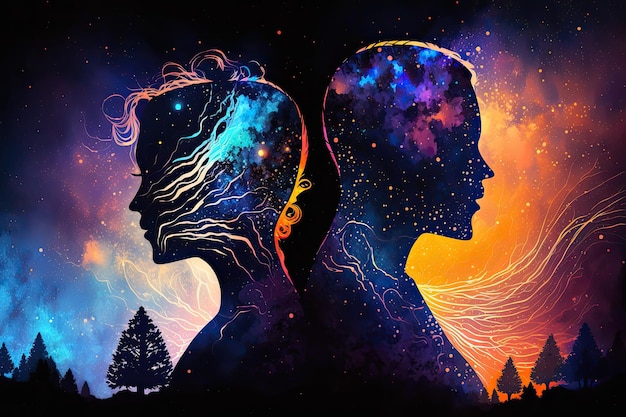 Astral body man and woman silhouettes face to face neural network AI generated art