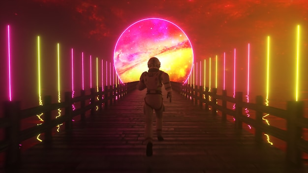 Astranaut runs along the endless wooden bridge