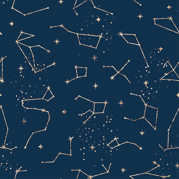 Astrological seamless pattern with stars and constellations. Gold foil texture