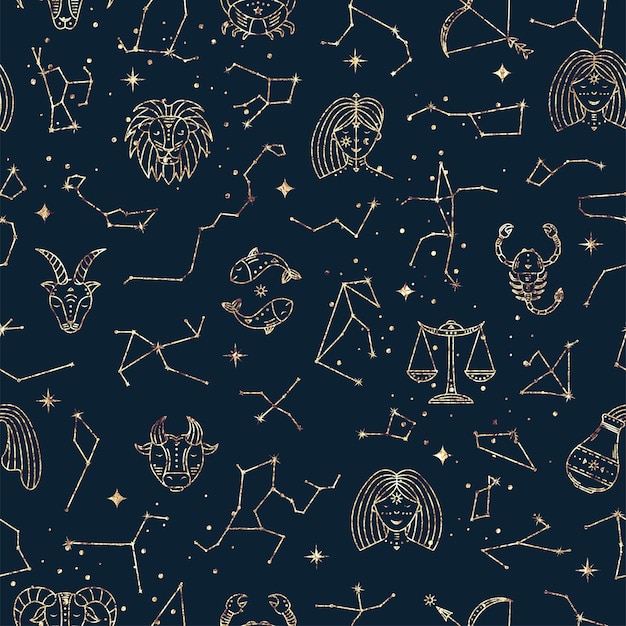 Astrological seamless pattern with zodiac signs, stars and constellations. Gold foil texture