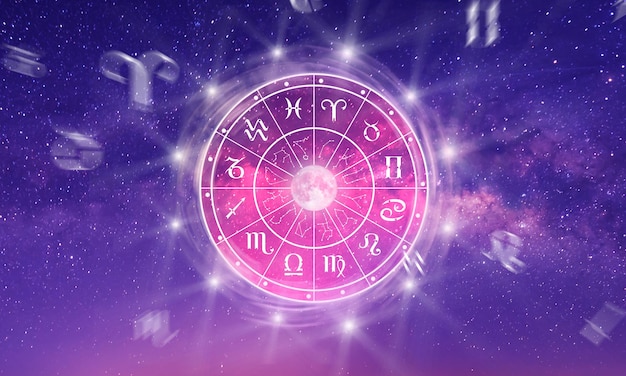 Astrological zodiac signs inside of horoscope circle Astrology knowledge of stars in the sky over the milky way and moon The power of the universe concept