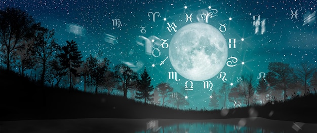 Astrological zodiac signs inside of horoscope circle Landscape with The stars and moon over the zodiac wheel and milky way background The power of the universe concept