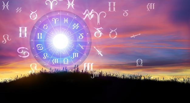 Astrological zodiac signs inside of horoscope circle The power of the universe concept