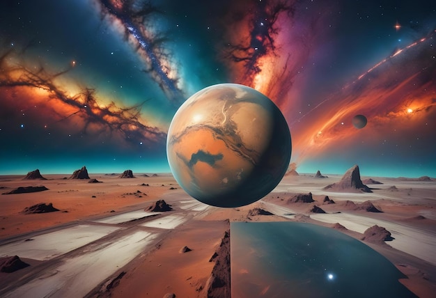 Photo astrology astronomy earth outer space solar system mars planet milky way galaxy floating against background of solar system planets contemporary art collage