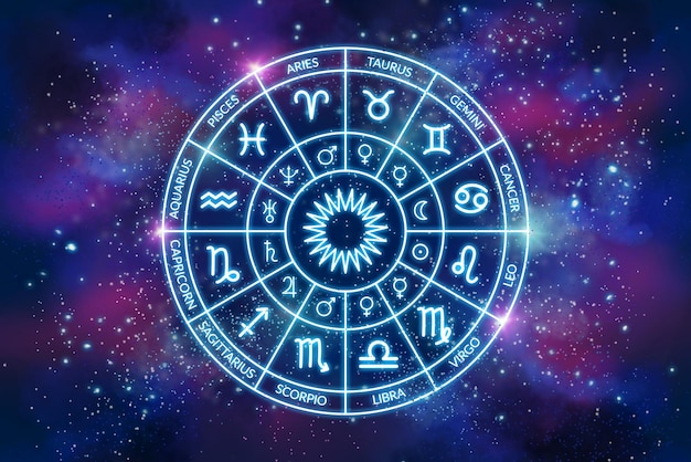 Astrology Zodiac circle on the background of a space The science of stars and planets Esoteric knowledge Ruler planets Twelve signs of the zodiac