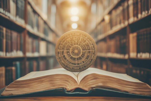 Photo astrology and zodiac sign exploration horoscope wheel atop ancient book in school library setting