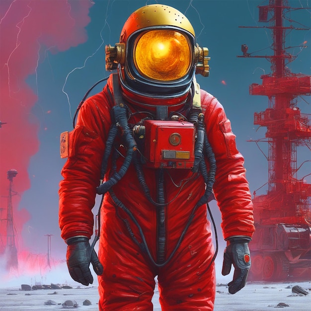 Astronaut 2045 Golden Helmet Red Leather Jacket Illustration In The Style Of Simon Stalenhag