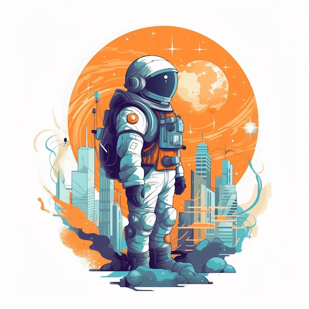 astronaut againts a futuristic cityscape