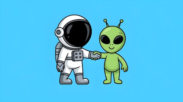 Photo astronaut and alien shaking hands cartoon illustration