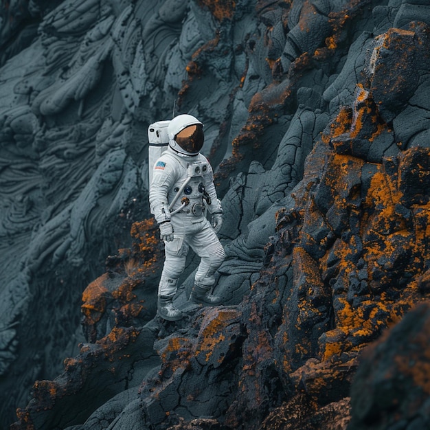 Photo an astronaut among the volcanic rocks cold weather photo