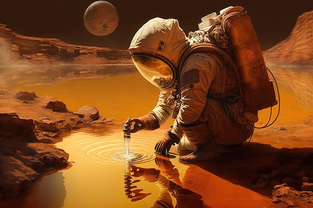 Astronaut around the crater with water