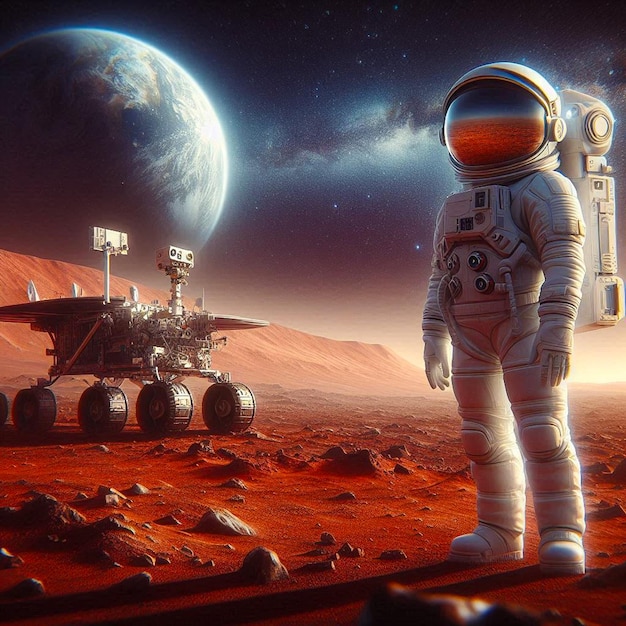 a astronaut in an astronaut  s space suit stands in front of a planet