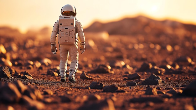 Photo a astronaut in an astronaut suit is walking in a desert