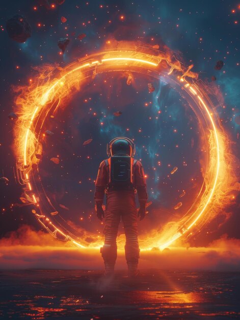 Astronaut Before Massive Glowing Portal A mesmerizing scenario unfolds as an astronaut approa