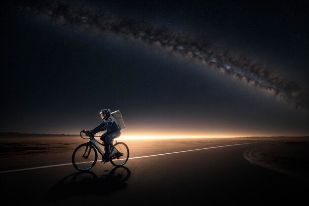 Astronaut on a bicycle rides along the Milky Way Generative AI