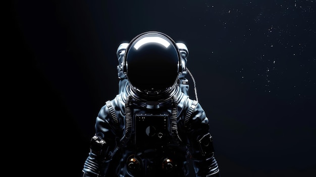 An astronaut in a black spacesuit stands in the dark with a slight glow reflecting off the helmet