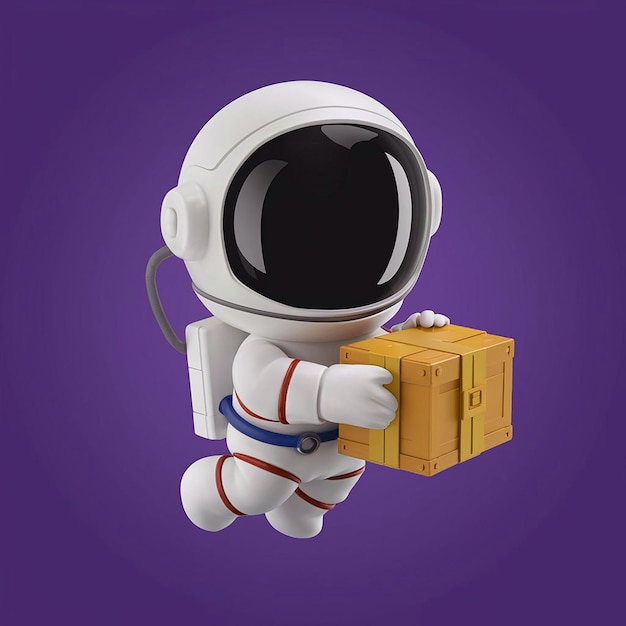 an astronaut carrying a box with the word space on it