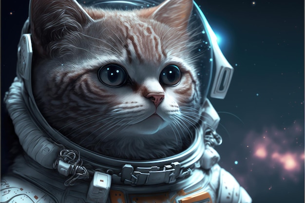 Astronaut cat floating in space with stars and galaxy background