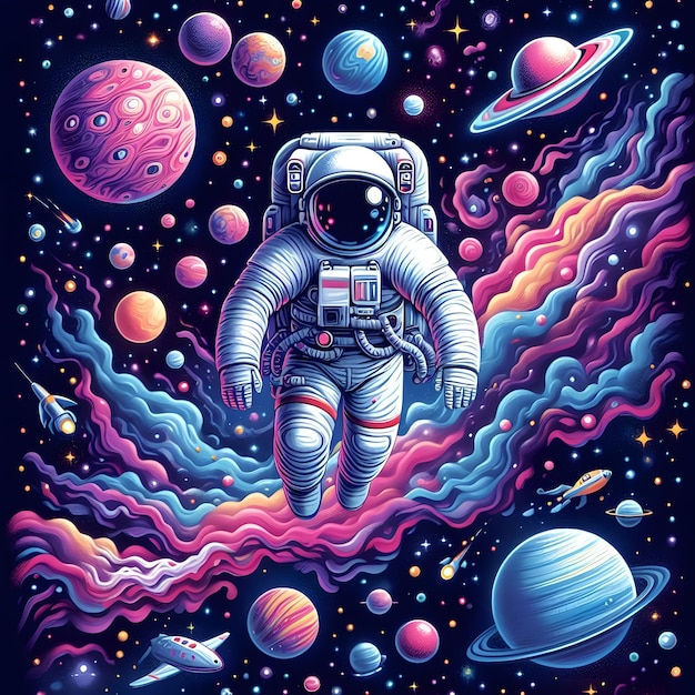 An astronaut clad in a space suit with reflective helmet floats amidst a whimsical cosmos