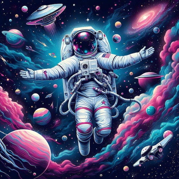 An astronaut clad in a space suit with reflective helmet floats amidst a whimsical cosmos