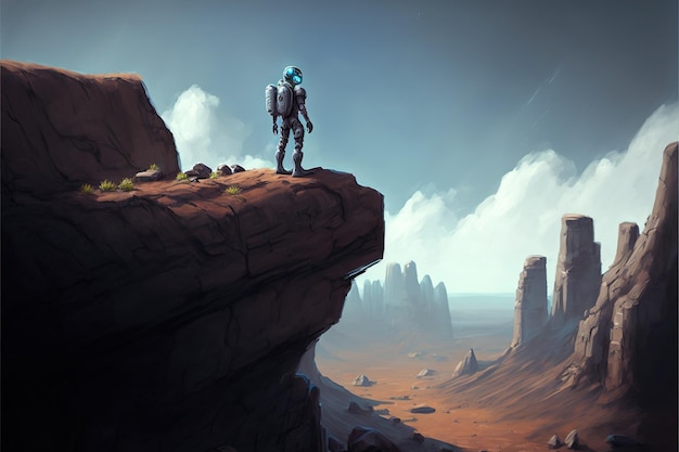 Astronaut on a cliff Spaceman standing on a cliff Digital art style illustration painting